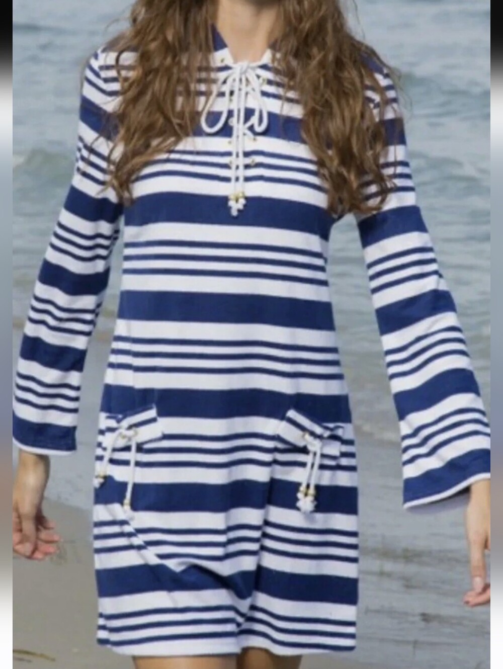 Cabana Life Cover Up Women’s Sz S Terrycloth Hoodie Blue Striped Vacation Costal
